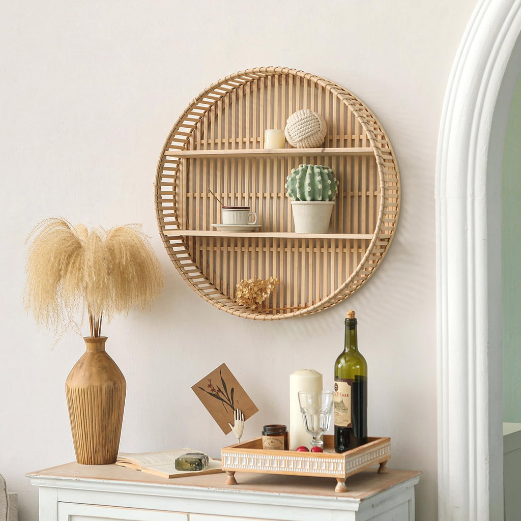 Rattan Wall Shelf 3 Tier Boho Wall Mounted Shelf Farmhouse Handcraft Round Floating Shelf Display Rack Storage