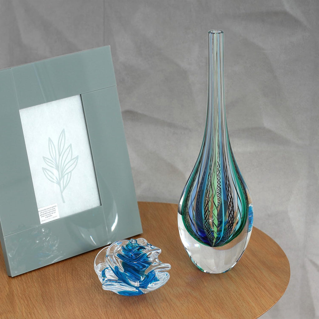 Murano Style Art Glass Drop Vase Hand Blown Blue Boho Effect Home Decor | Hand Blown Glass Drop, Decorative Table