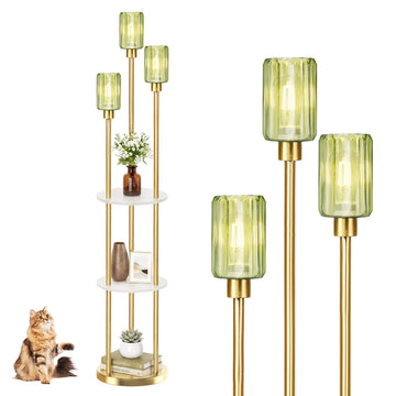 71" Green Floor Lamps with Shelves, Glass Standing Lamps with 3 Shade, Metal