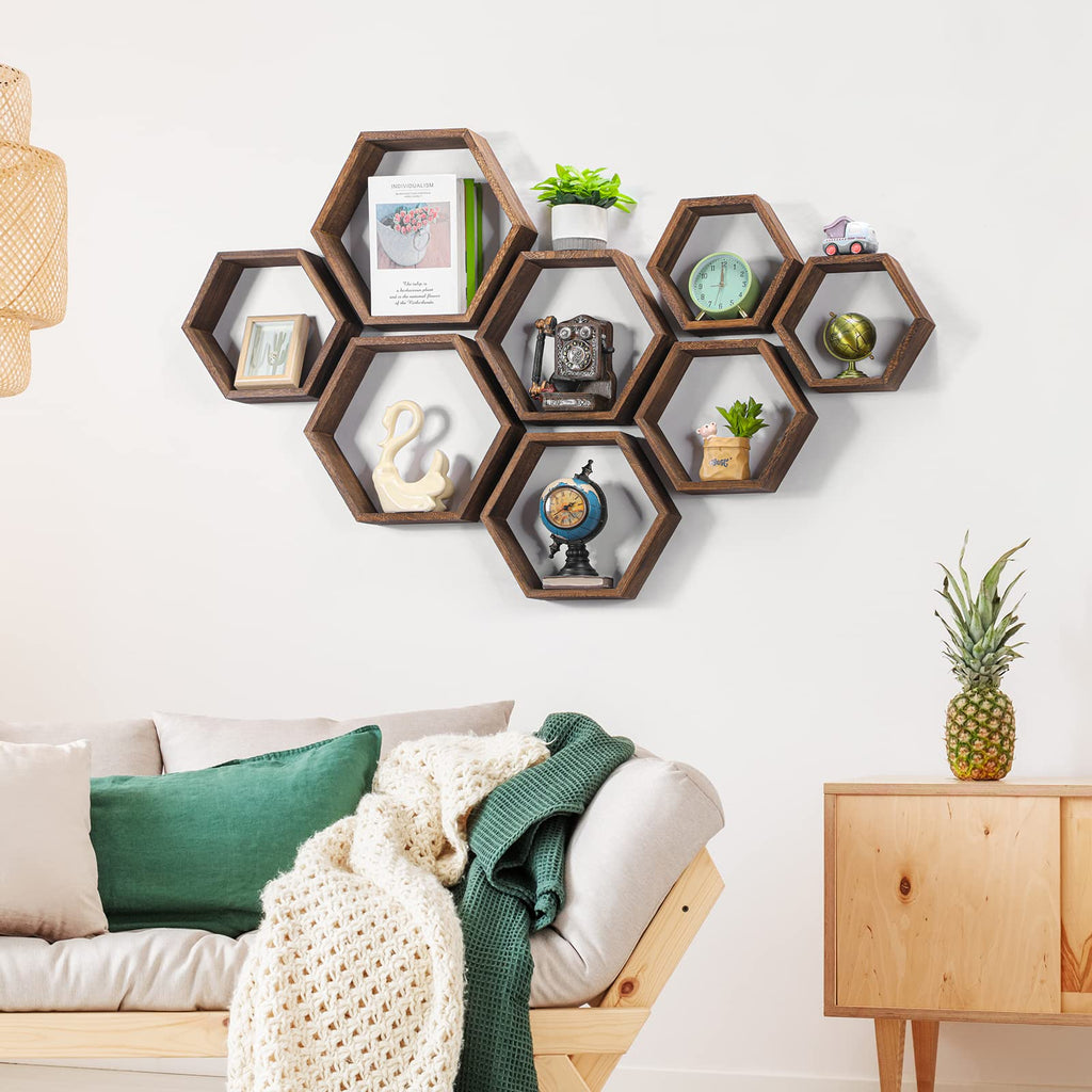 Hexagon Floating Shelves Set of 8 Wood Hexagonal Shelves Brown Wall Decor and Storage Racks Floating Honeycomb Plants