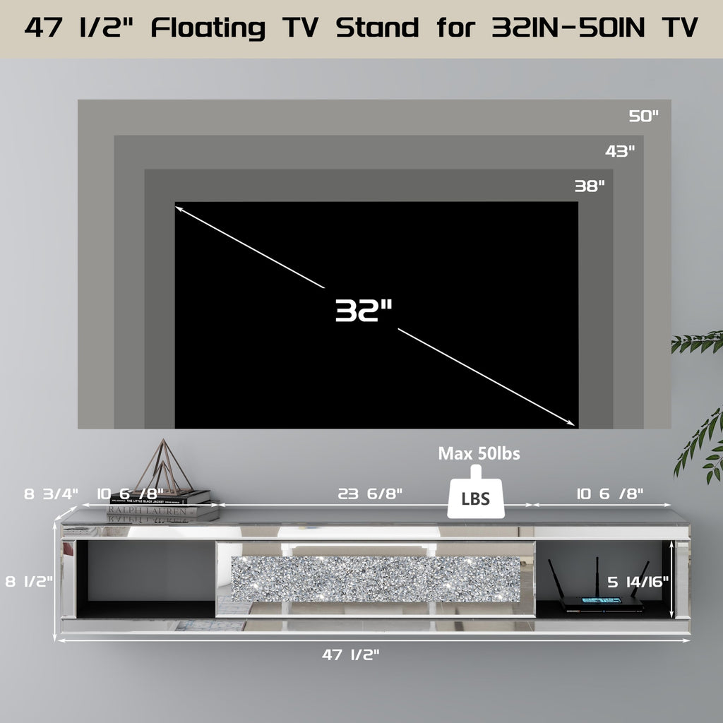 Mirrored Floating, 47 1/2" Wall Mounted Floating TV Shelf with Crushed Diamonds, Glass Floating Entertainment Center