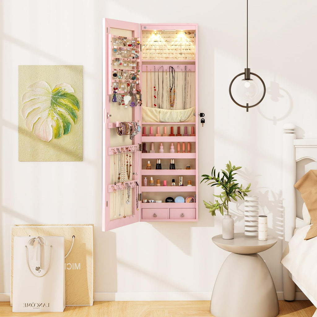 Wall Door Jewelry Armoire, 47.5" H Full Length Mirrored Jewelry Cabinet with 2 LED Lights and 2 Drawers, Lockable