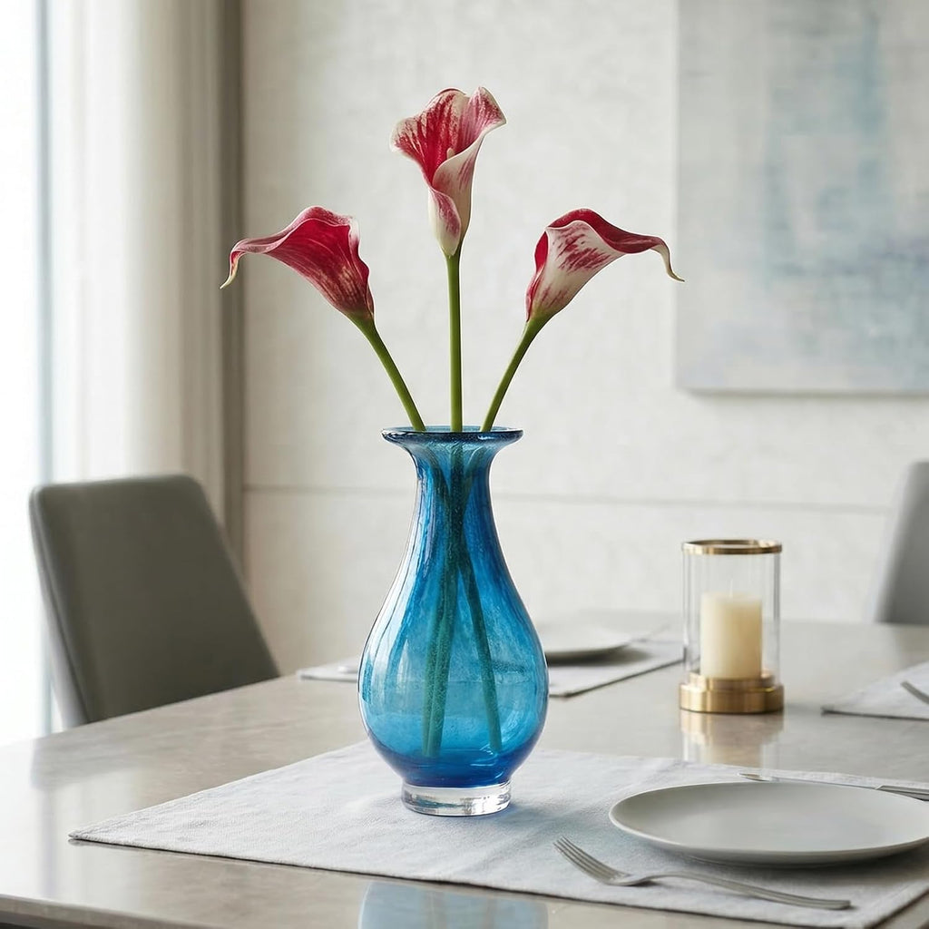 Glass Vase, Hand Blown Wide Mouth Art Glass Vase, Murano Style Decorative Flower Vase Decor, Mantel, Dining Table