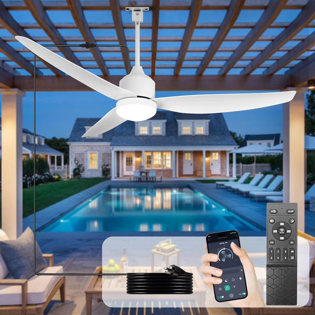 52-Inch Ceiling Fans with Lights: Outdoor White Waterproof Ceiling Fan for Patios - Plug in Gazebo Fans with Remote Control - Low Profile Outdoor Fan 3 CCT DC Motor for Pergola Porch A101-B0F4R7RDWT