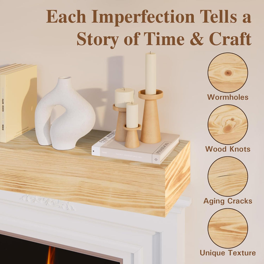 Handcrafted Wood Mantles for Over Fireplace - Wall Mounted Shelf - Floating for Living Room Decor - 72 Inch - Natural