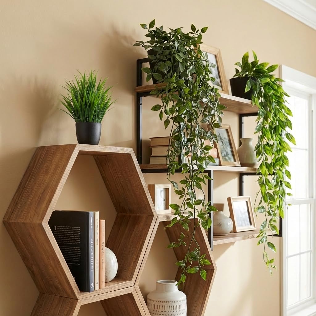 5 Pack Fake Plants - Artificial Hanging Plants & Small Potted Faux Eucalyptus Fern Ivy, UV Resistant