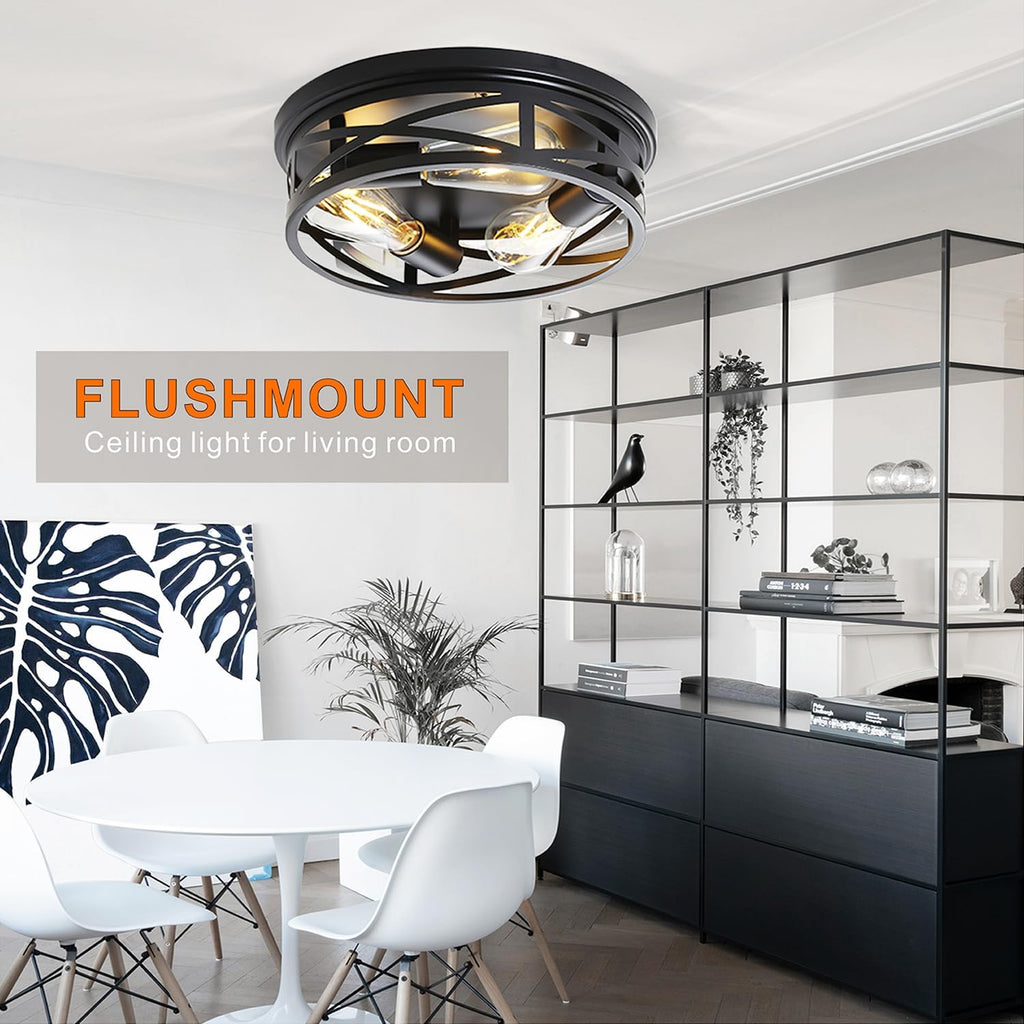 Farmhouse Flush Mount Ceiling Light 12 Inch E26 3-Light Large Black Anti-Rust Metal Cage Close to Ceiling Lamp for