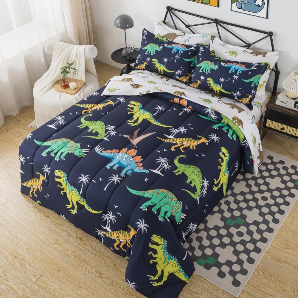 7 Pieces Dinosaur Comforter Full Kids Jungle Dinosaur Bedding Set Bed in A Bag for Boys T-Rex Dino Comforter and Sheets Set for Teens Girls Coco Animal Bed Sets Home Decor