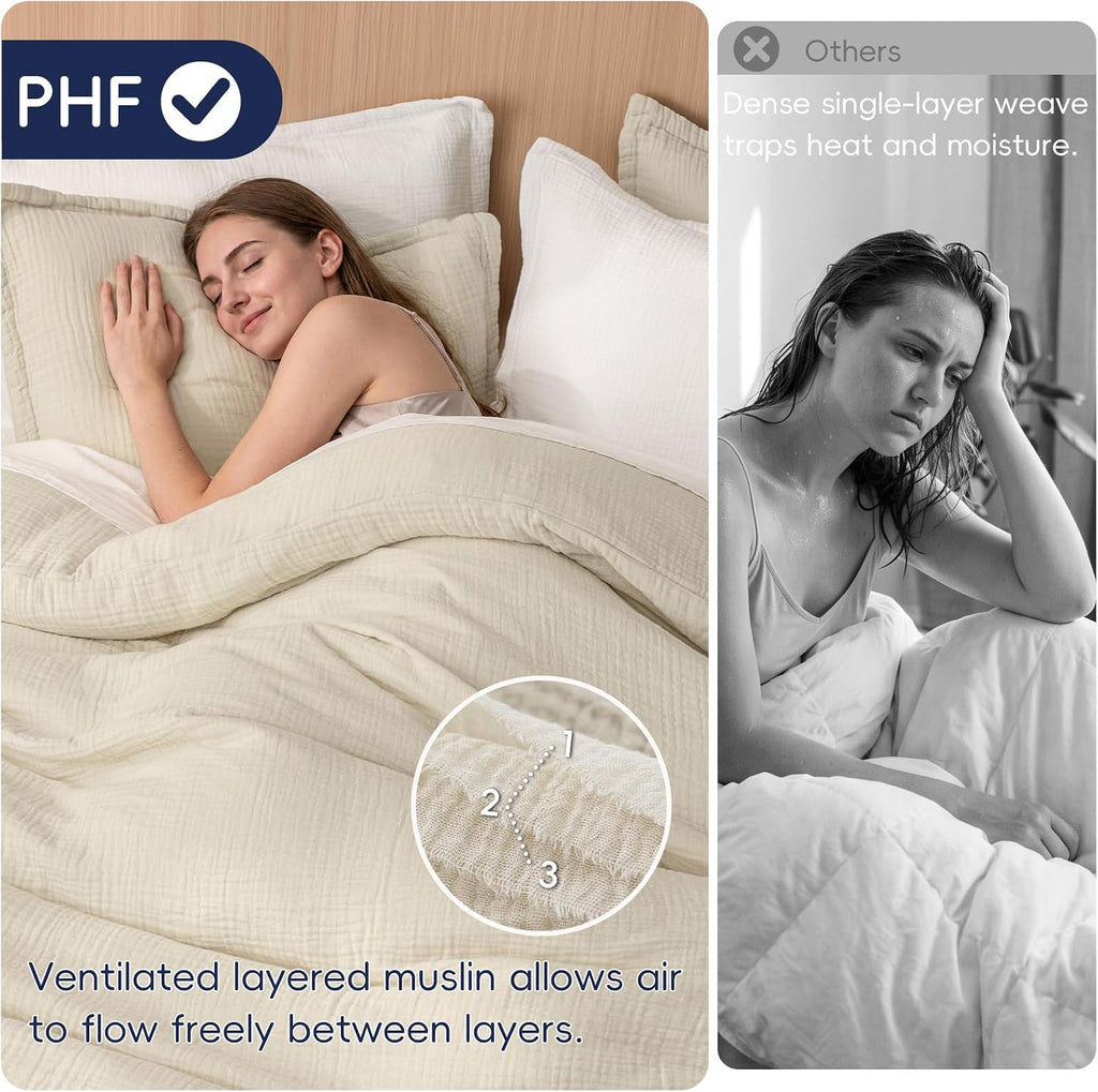 Cotton Muslin Duvet Cover Queen, 3-Layer Soft Lightweight & Breathable Textured Gauze, Skin-Friendly Minimalist