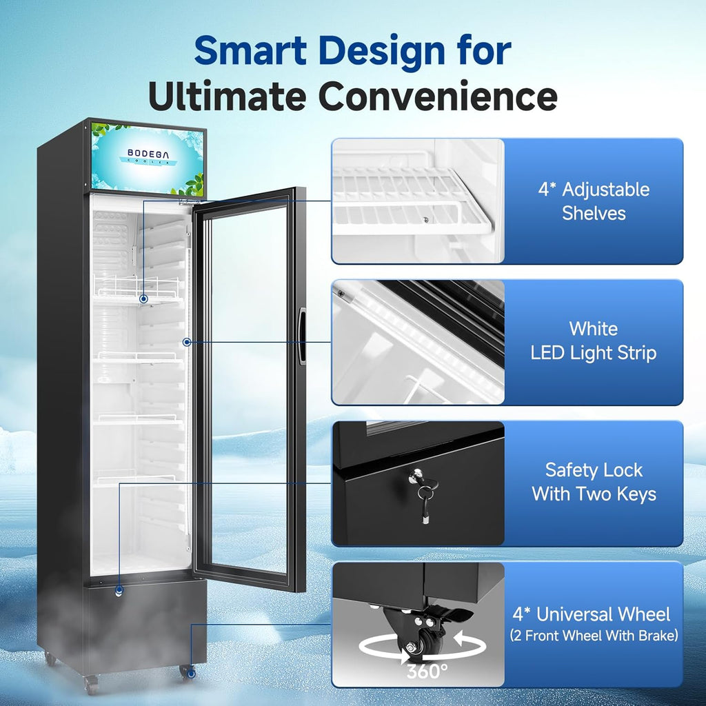 BODEGACOOLER Commercial Drink Fridge with Glass Door, Tall Beverage Cooler for B