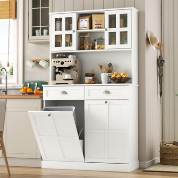 Kitchen Pantry Cabinet with Double Tilt Out Trash Cabinet, 2 Drawer & Hutch