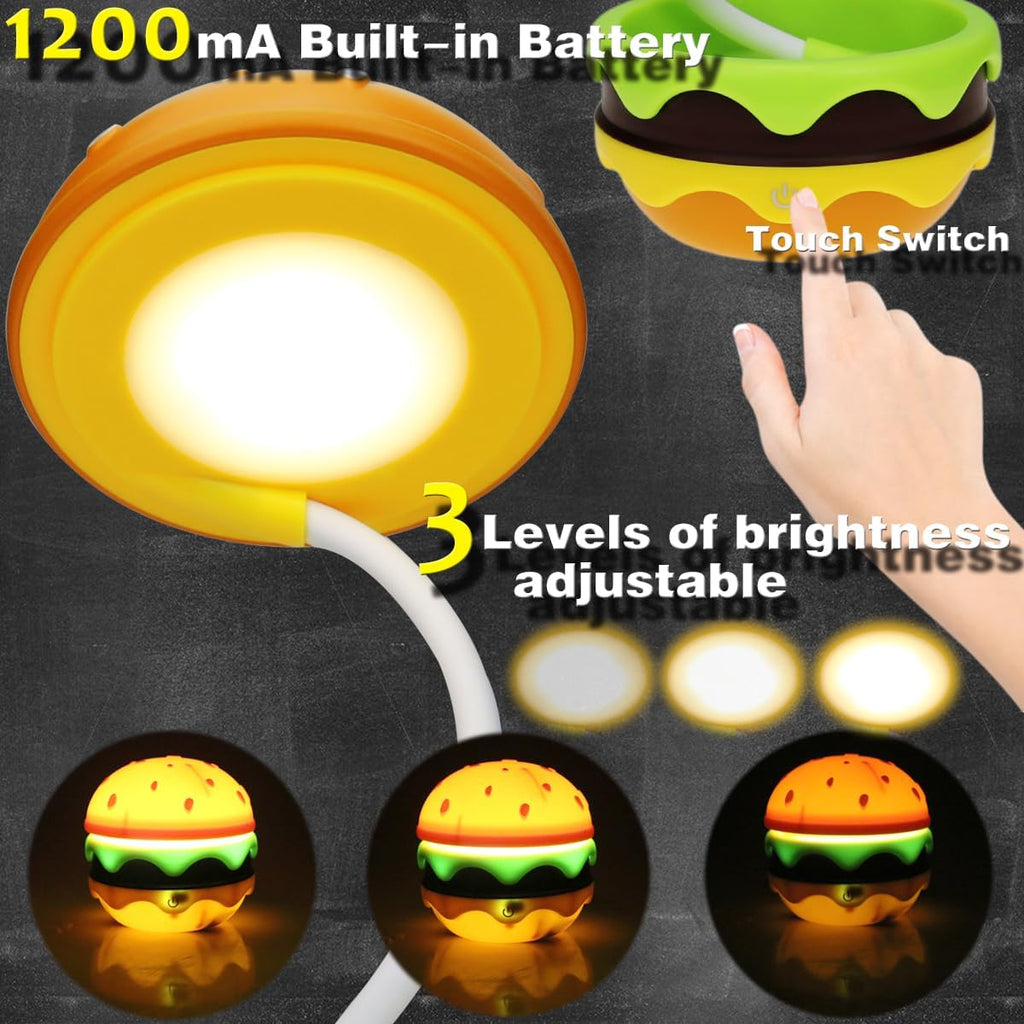 Cute Desk Lamp for Kids, Rechargeable Hamburger Small Desk Lamps with Adjustable Neck Dimmable Touch Switch, Nursery