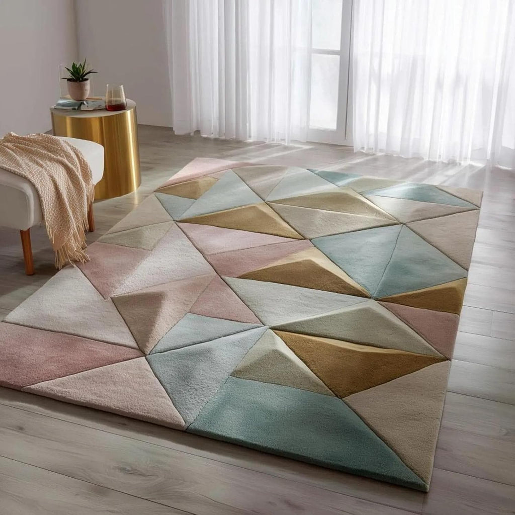 Modern Hand Tufted Wool Area Rug - Pastel Geometric Triangle Floor Carpet for Scandinavian Living Room, Bedroom