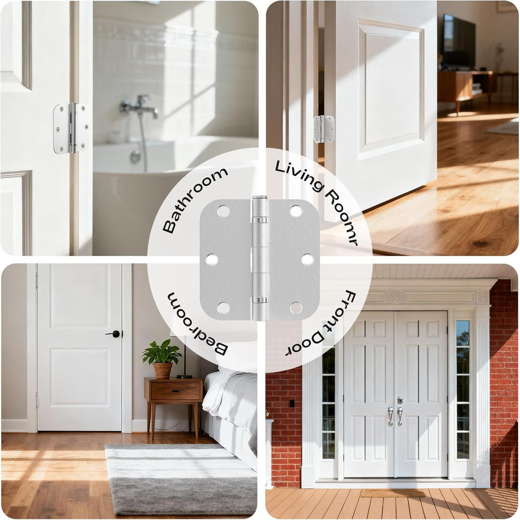 Brushed Nickel Door Hinges 12 Pack 3.5 Inch 5/8" Radius Round Satin Nickel Interior Ball Bearing Hinges with 5/8"