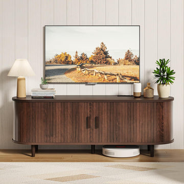 58" Mid Century Modern TV Stand, TV Consoles with Sliding Doors, Wood Entertainment Center with Power Outlet and