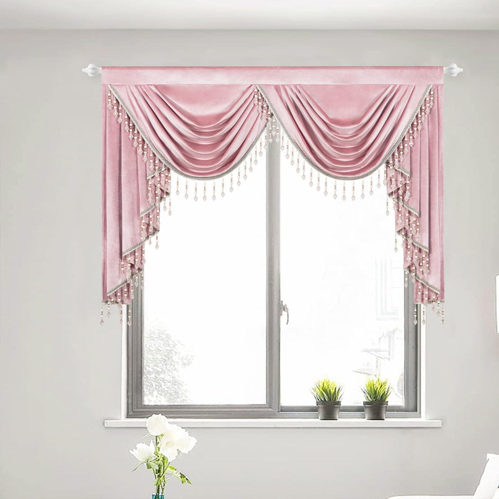 Vintage Velvet Drapes, Room Darkening Waterfall Valance Curtains Set, Retro Pink Solid Window Treatment, W59 & 52 x