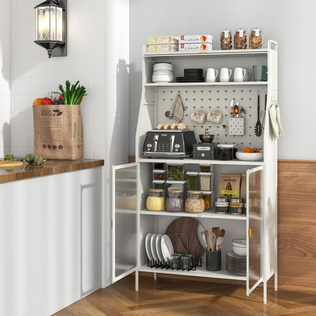 Pantry Organizers and Storage, 63.5" H Kitchen Buffet Cabinet with Hutch, Pegboard, 8 Hooks & 1 Hanging Storage Box