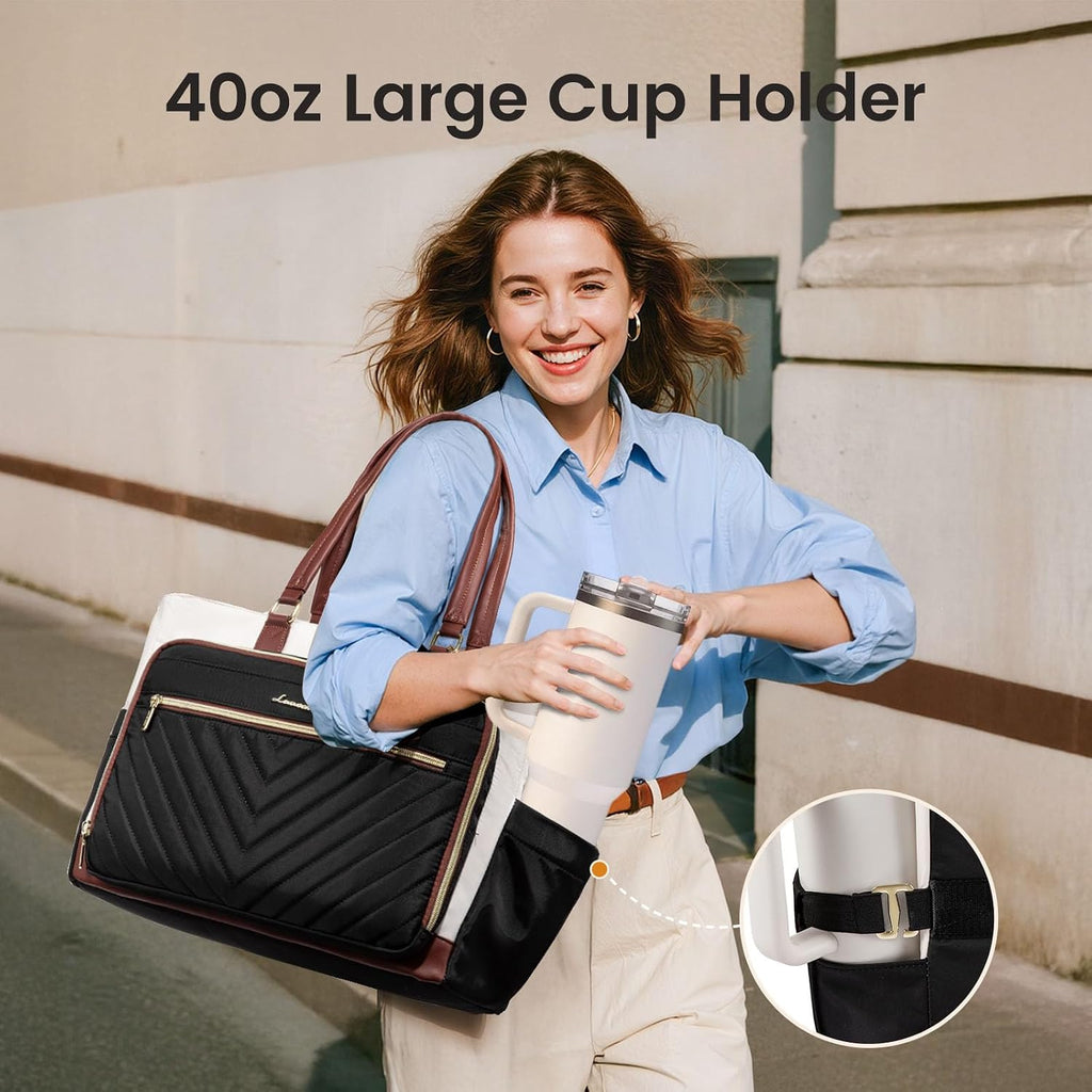 17 Inch Laptop Tote Bag for Women, Teacher Nurse Work Tote Bags with Large Cup Holder & Multi-Pockets Travel College