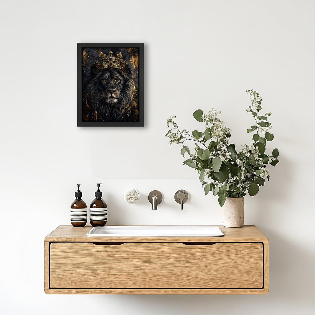 Crowned Lion Decor Wall Art, Black and Gold Animal Picture 16"x20"