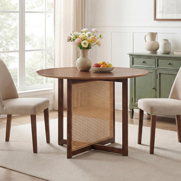 37.5" Round Dining Table for 2-4, Farmhouse Kitchen Table with Solid Rubberwood Pedestal & Rattan Base, Modern Small