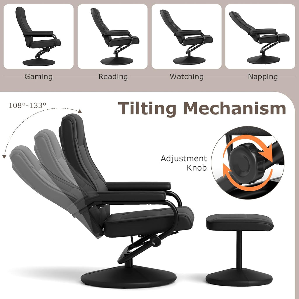 Modern Reclining Swivel Lounge Chair and Ottoman — Black Faux Leather