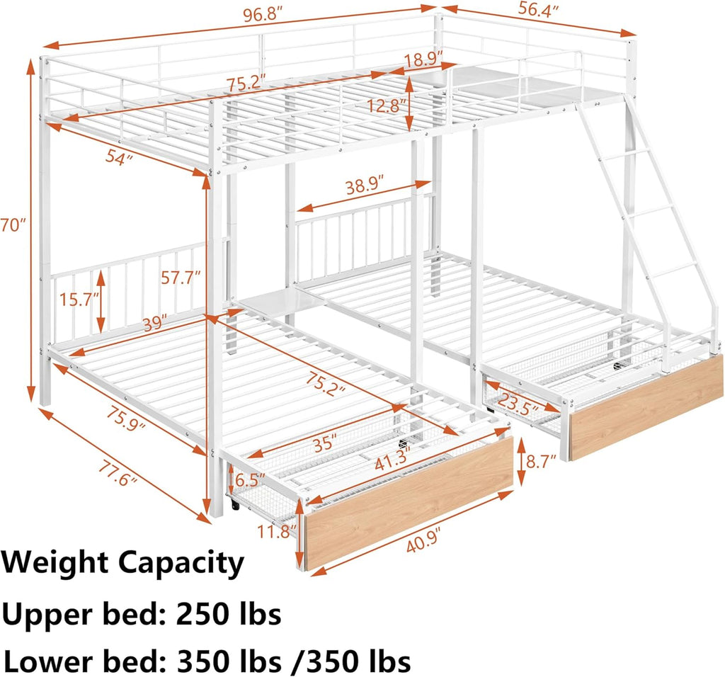 Heavy Duty Metal Triple Bunk Bed, Full Over Twin Over Twin Bunk Bed with Storage Drawers