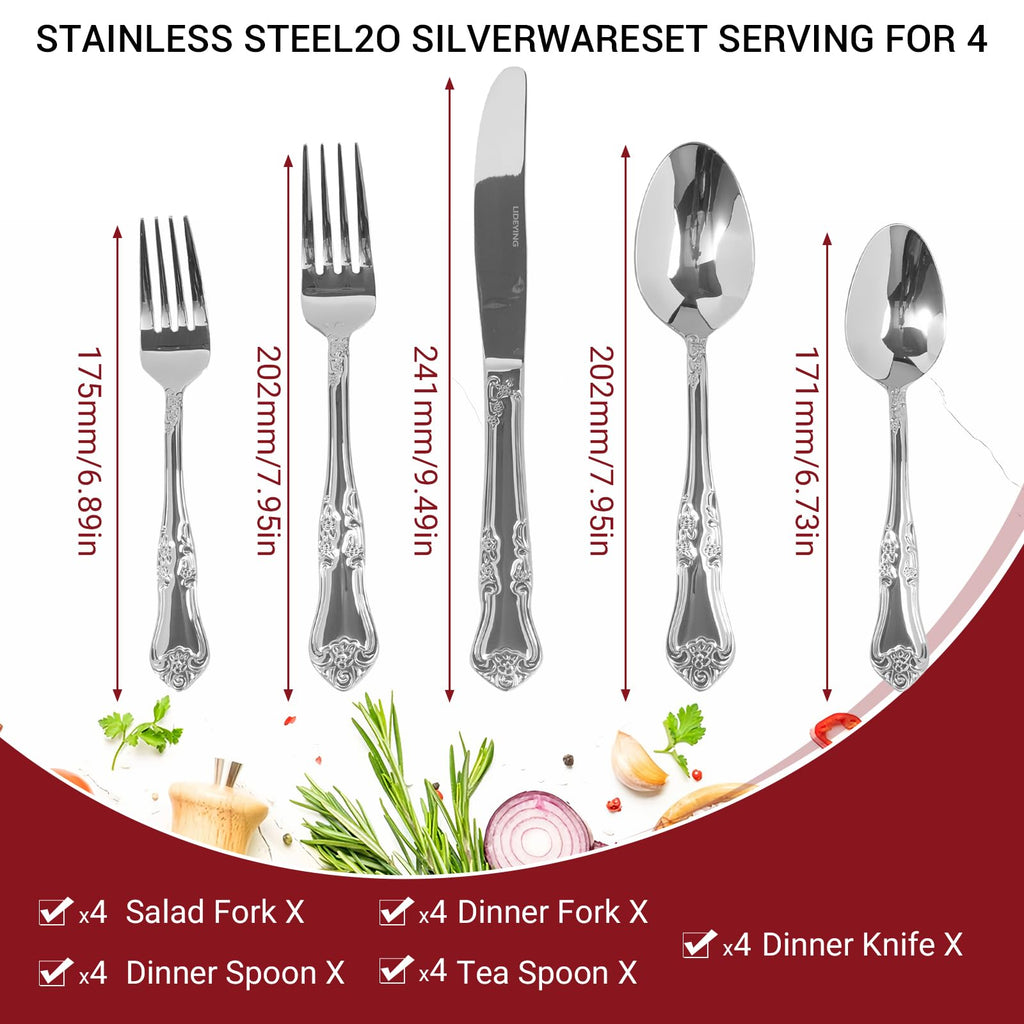 Silverware Set, 20-Piece Stainless Steel Flatware Set with Floral Handles, Included Knife Spoon and Fork, Mirror