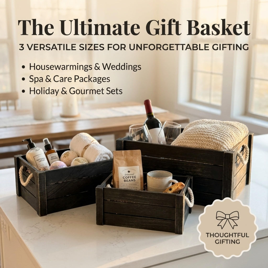 Set of 3 Black Wooden Crates with Rope Handles, Nesting Decor Storage Boxes