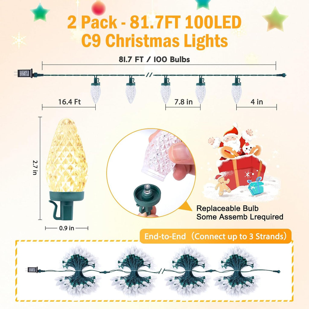 C9 Christmas Lights Outdoor 2 Pack, Total 162ft 200LED Warm White