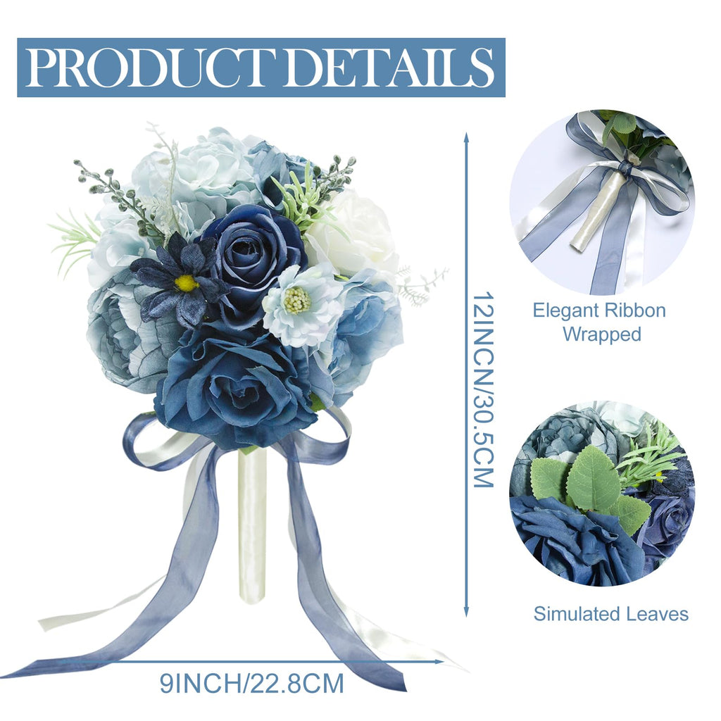 Artificial Bridesmaid Bouquets Set of 4 - NavyBlue 9 Inch Various Flower Bouquet for Wedding Party Ceremony