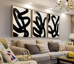 Framed Wall Art Canvas Set Abstract Lines Pictures Modern Mid Century Boho Wall Decor Minimalist Abstract Black