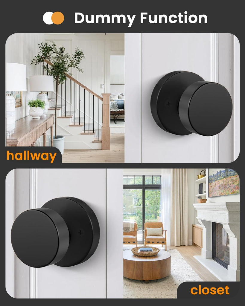 Black Door Knob Dummy, Zinc Alloy Keyless Matte Black Door Knobs for Closet and Bifold - Single Side Non Turning - 2