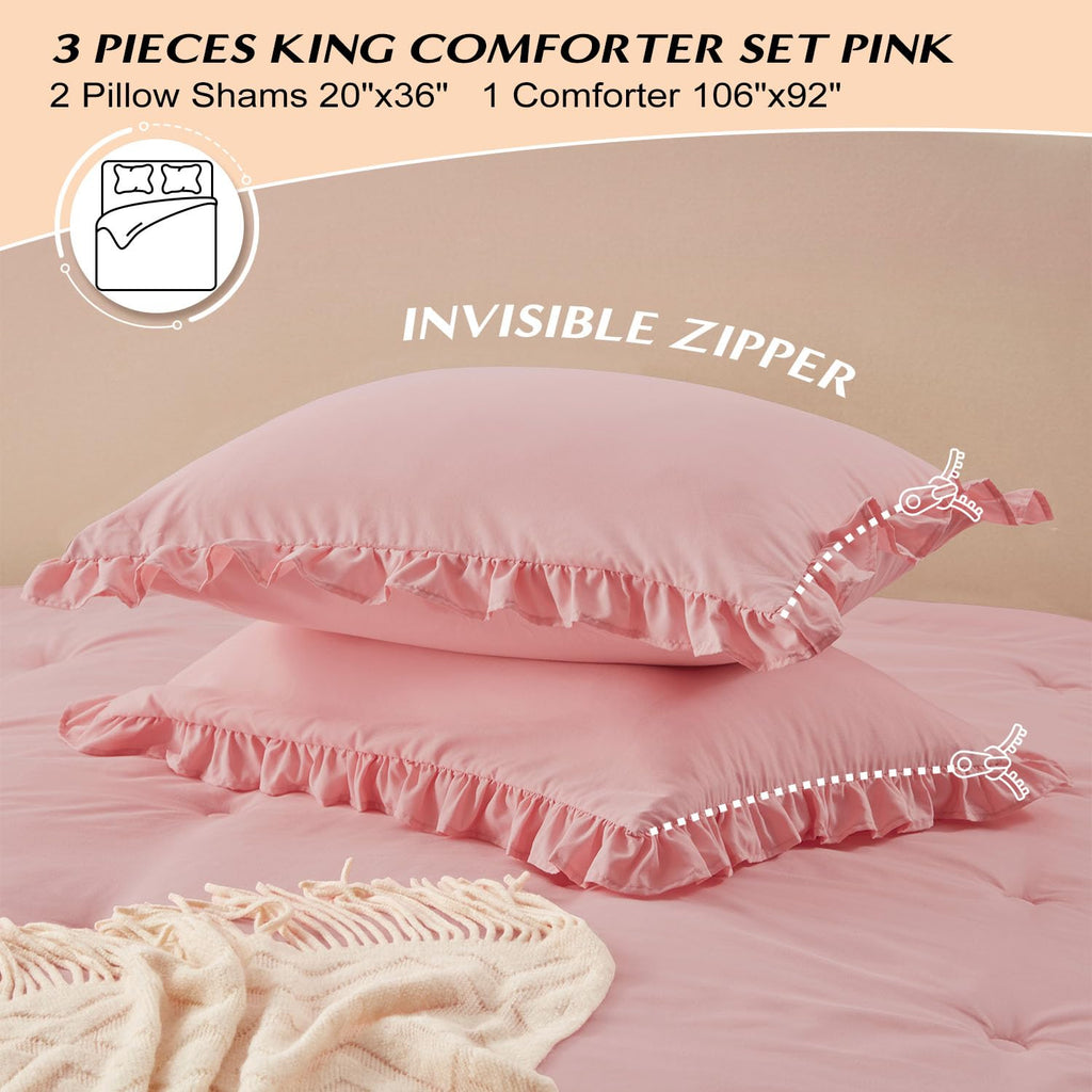 Lightweight 3 Pieces- Ruffle Bed Set Vintage Farmhouse Soft Comforter Set with 2 Pillow Shams(, 106x92 inches