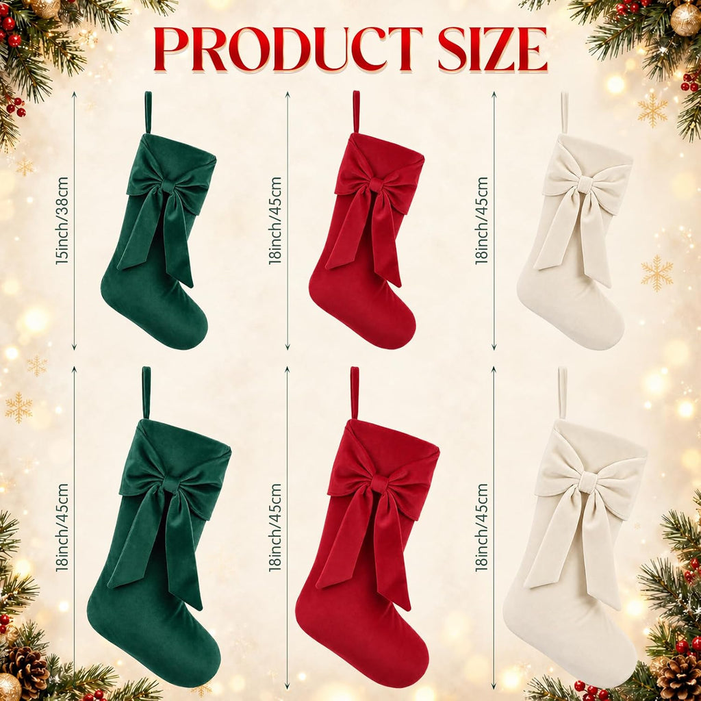 6 Pcs Velvet Christmas Stockings with Bow Red Green Beige 15, 18 in