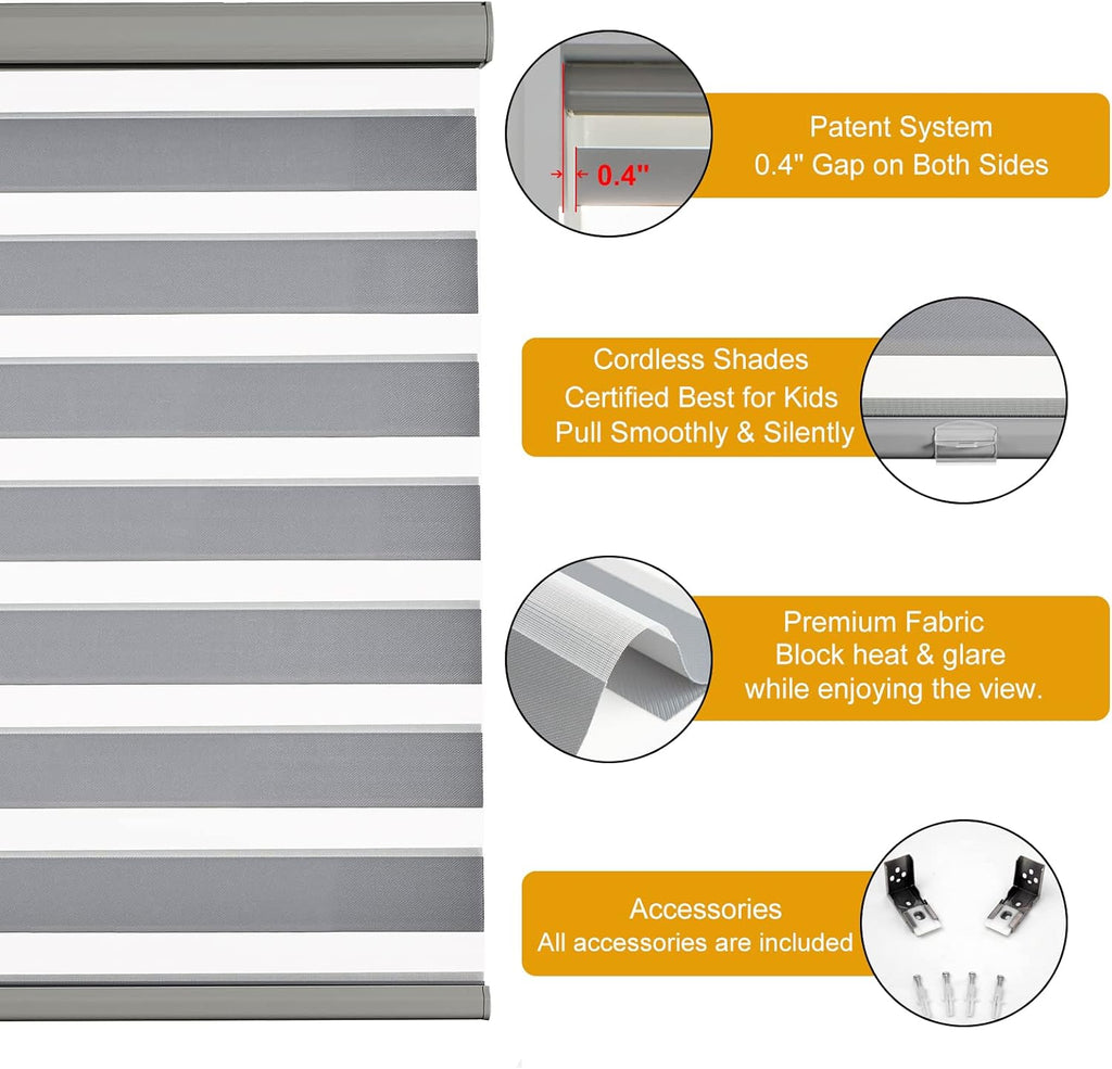Cordless Zebra Blinds for Windows Free-Stop Roller Windows Shades (24" W X 72" H, Grey) Dual Layer Light Control for Day and Night, Light Filtering Sheer Shades for Home, Bedroom