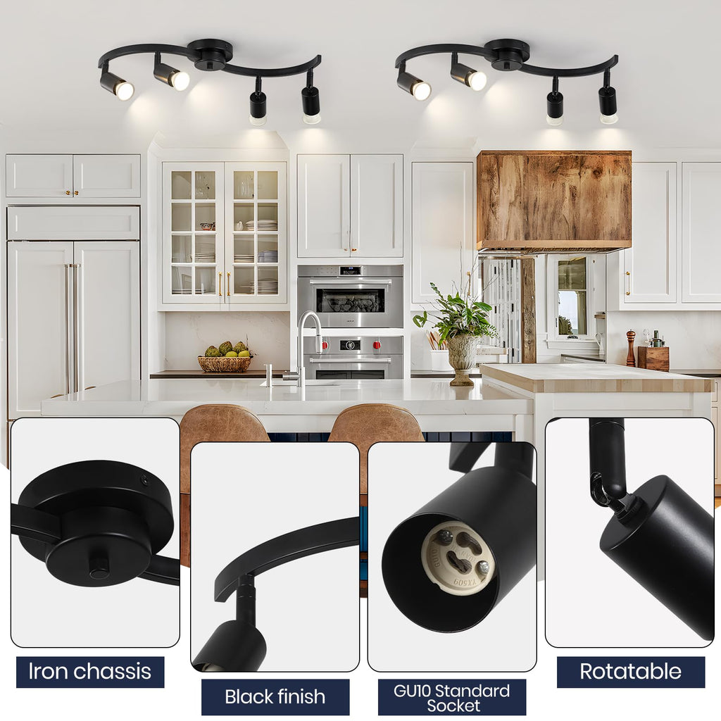 4 Light Track Lighting Fixtures,Kitchen Lighting Fixtures Ceiling with Rotatable Light Head,Black Ceiling Spotlight