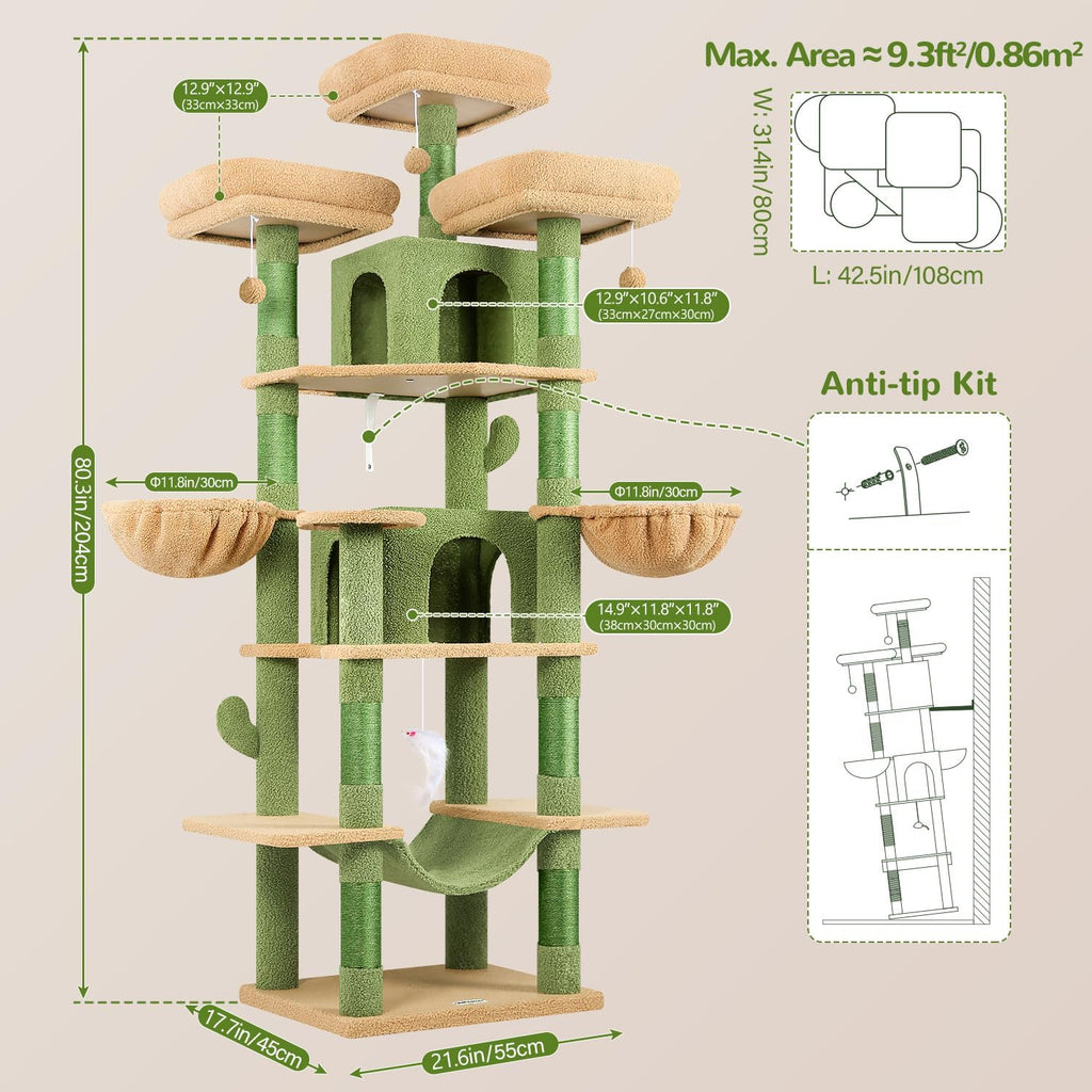 Big XXL Cactus Cat Tower for Indoor Multiple Cats, Green