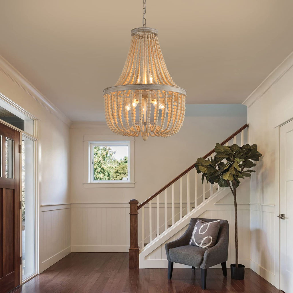 Farmhouse Wood Beaded Chandelier, Oak White 8-Lights Retro Vintage Antique Rustic Boho Pendant Light Fixture for Foyer
