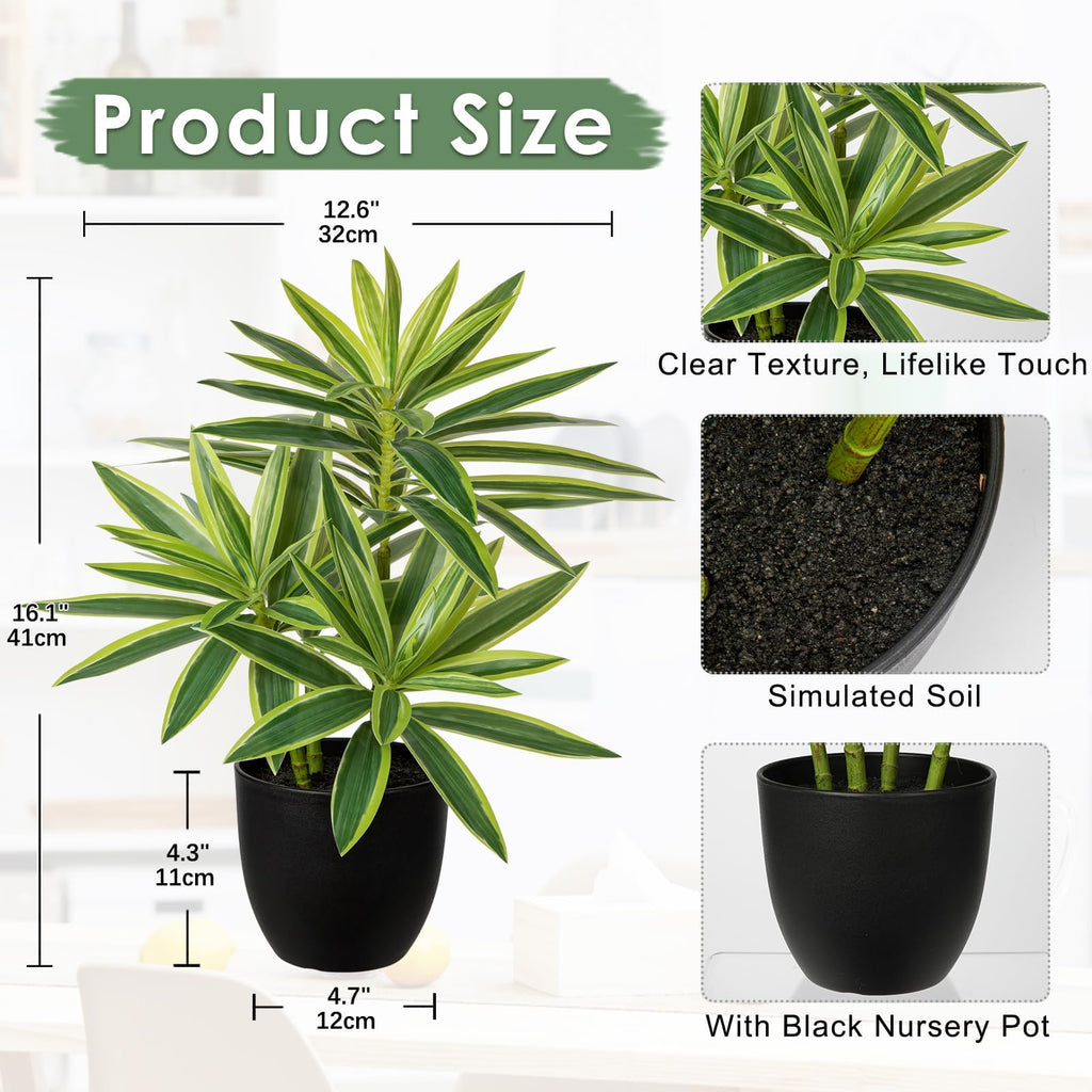 Fake Plants Dracaena Artificial Plant 16.1" Small Indoor Faux Plants in Pot