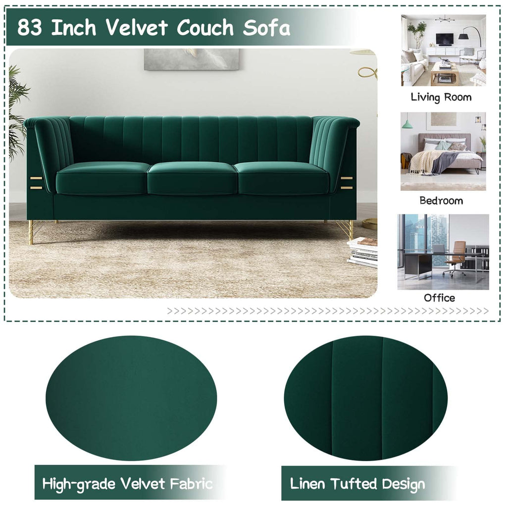 Emerald Green Couch Sofa, 83" Mid-Century Modern Tufted Chesterfield Sofa with Flared Arms and Removable Cushions