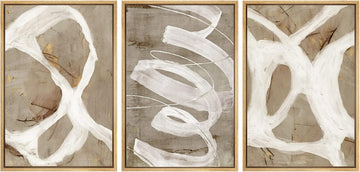 Framed Canvas Print Wall Art Set White Brown Pastel Paint Strokes Shapes Abstract Illustrations Modern Art Decorative