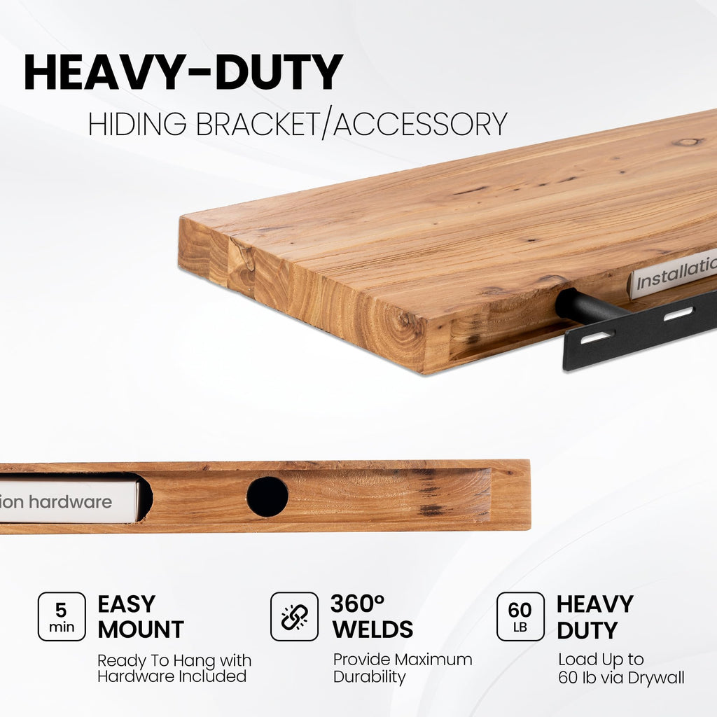 Live Edge Floating Shelves for Wall, 8" Deep Rustic Solid Elm Wood Wall Shelves with Invisible Bracket, Farmhouse