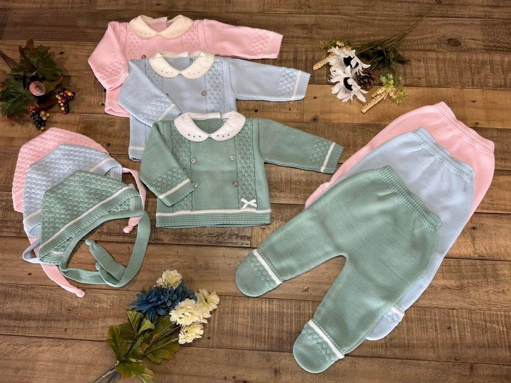 Piece Baby Knitted Set Sweater Footed Pants Hat Boys Girls Coming Home Newborn Outfit - Made in Spain