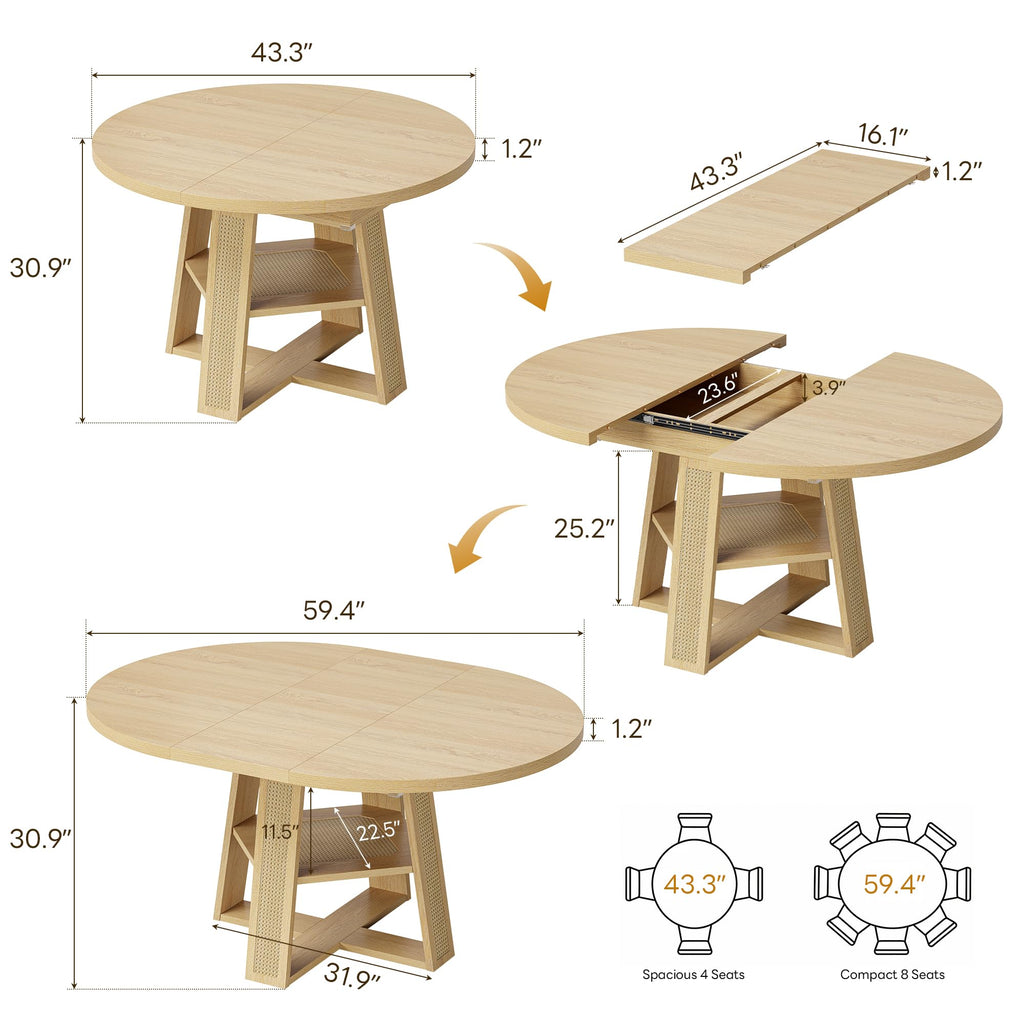 Dining Table, 43"-59" Extendable Round Table with Storage, Natural