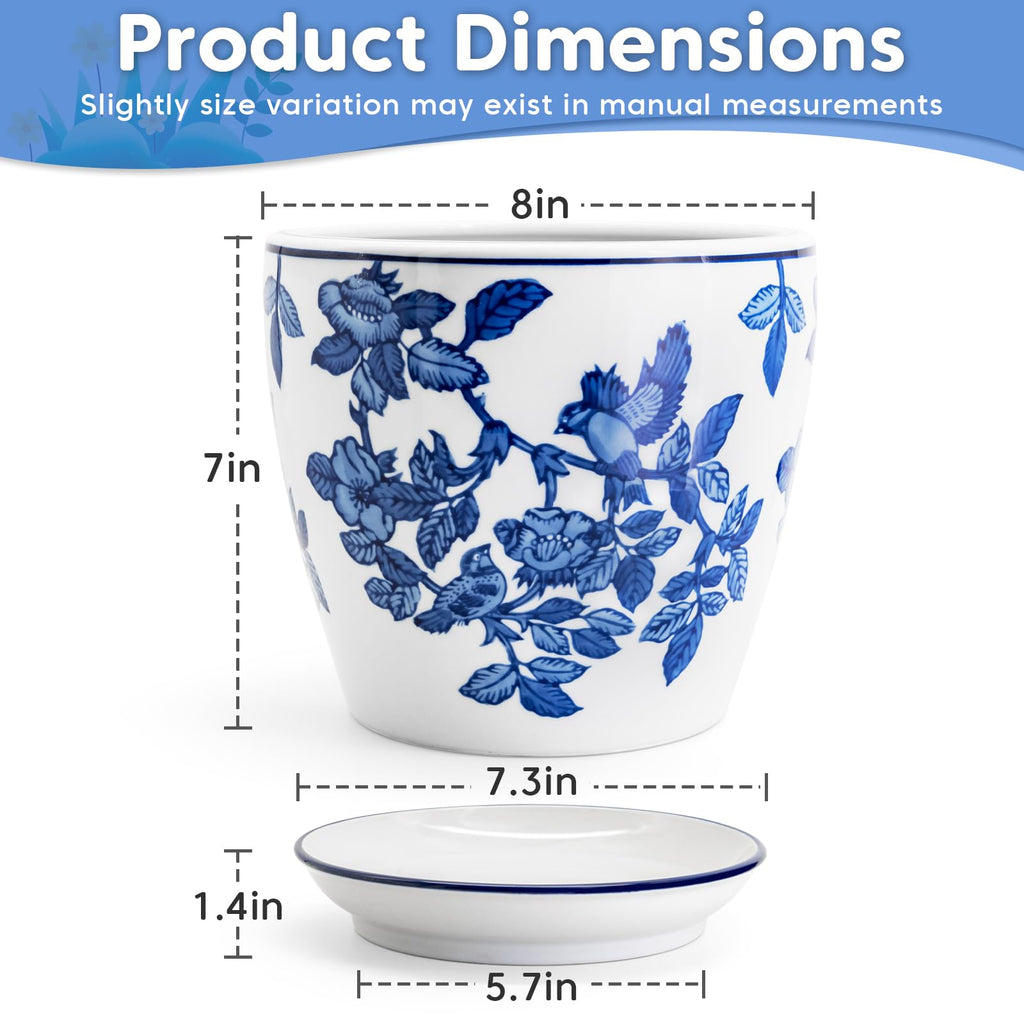 8 inch Ceramic Flower Pots, Chinoiserie Decor Ceramic Planter Plant Pots for Indoor Plants with Drainage and Saucer