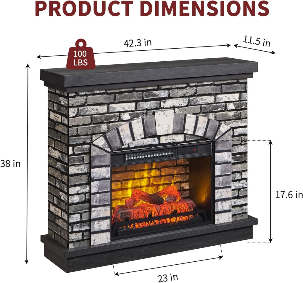 42 Inch Farmhouse Electric Fireplace TV Stand with Mantel, 23 Inch Freestanding Electric Fireplace Heater, Adjustable 3D Flame Levels and Remote Control, Light Grey