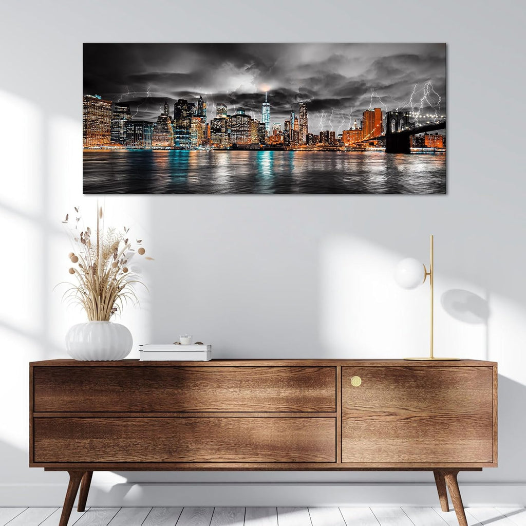 New York City Canvas Wall Art Manhattan Skyline Lightning Storm Cityscape Picture Prints Night Landscape Modern Large