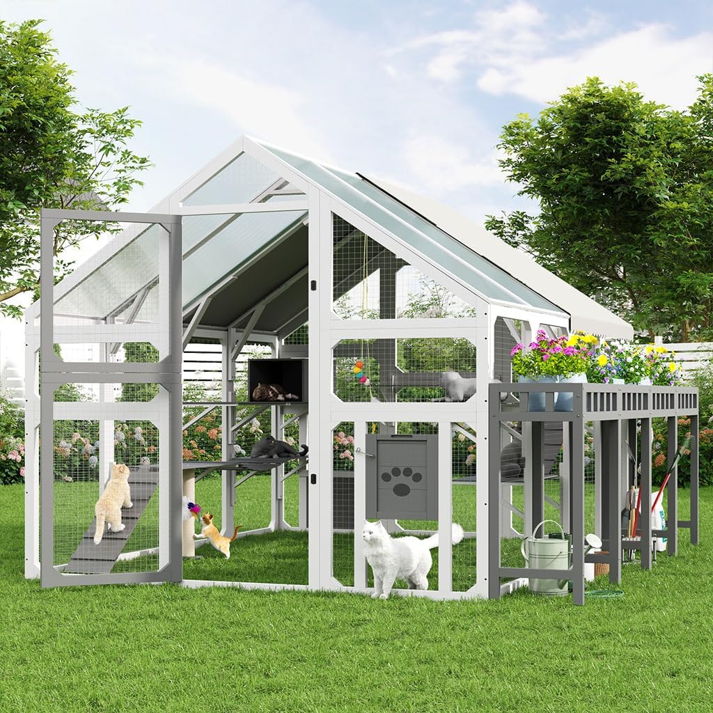 94.5" Extra Large Outdoor Cat Enclosure Catio, Wooden Cat House with 8 Platforms, 2 Cat Houses, Bridge & Scratching