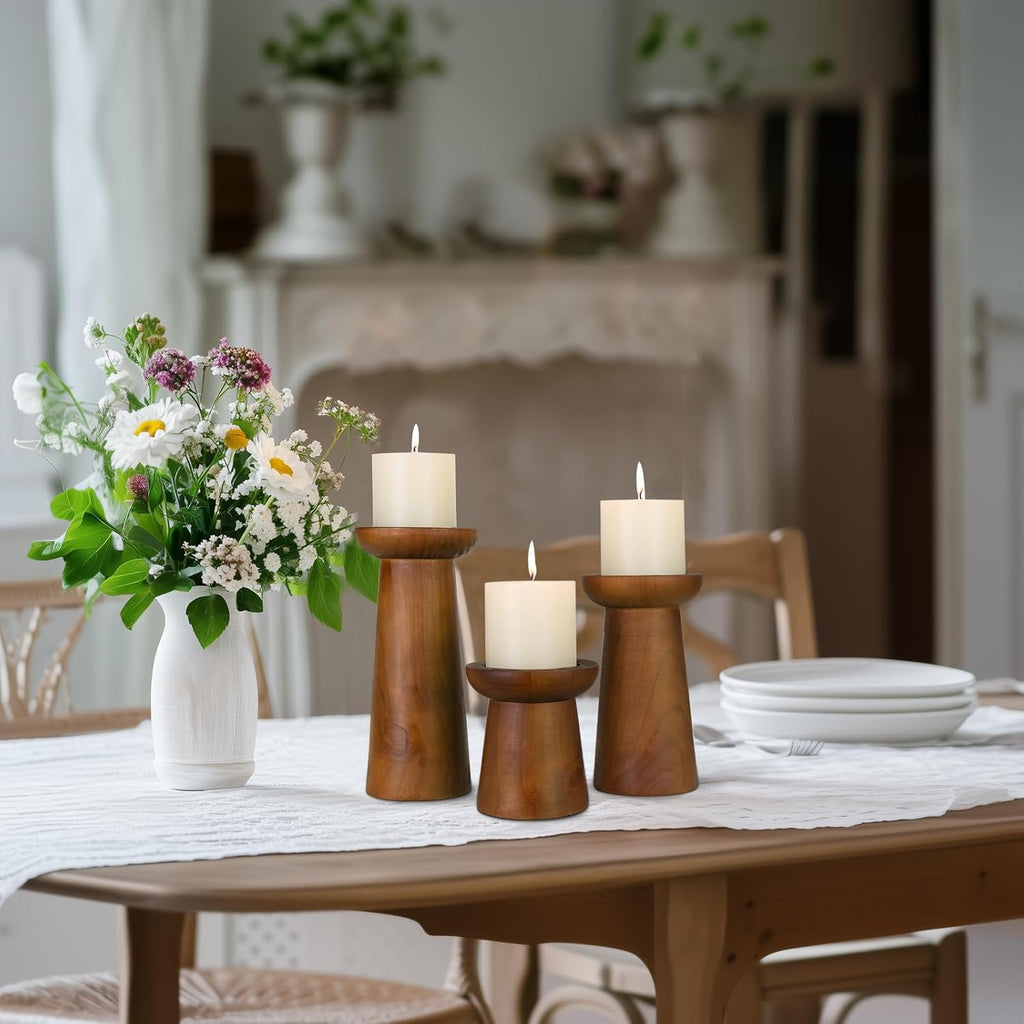 Pillar Candle Holders Set of 3, Wooden Candle Holders, Decorative Wood Candlestick Holders , Table Centerpiece for