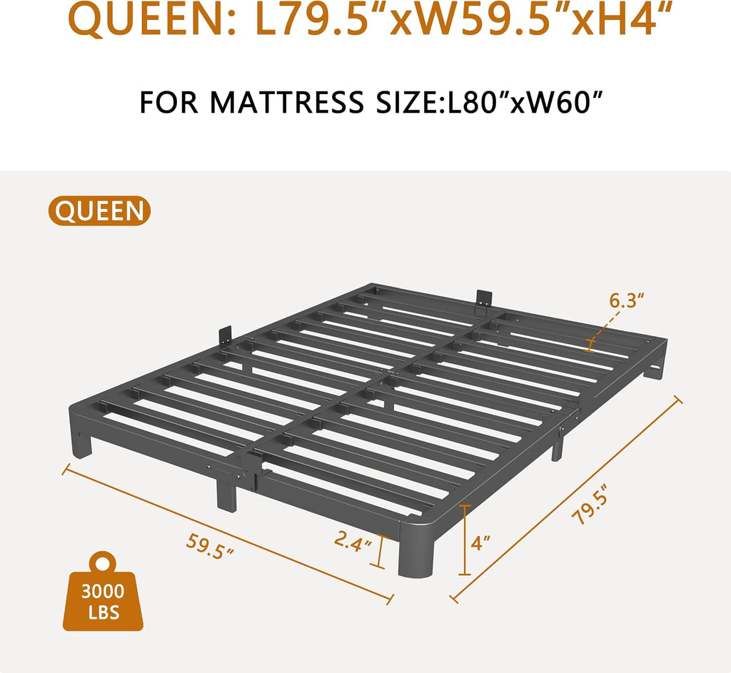 4 Inch Low Bed Frame, Low Profile Bed with Anti-Slip Gaskets